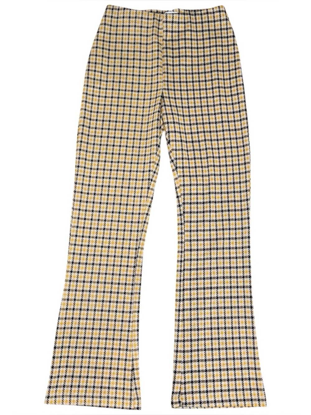 Pull On Knit Kick Flare Plaid Pants Yellow Black Houndstooth Small Academia Y2K